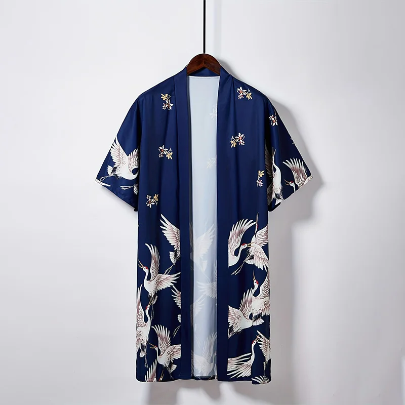 

Европейская и американская ретро свободная одежда больших размеров с принтом журавля для отпуска, пляжная накидка, солнцезащитная одежда, летний халат средней длины с разрезом, сексуальная ночная рубашка, кардиган, тонкая куртка