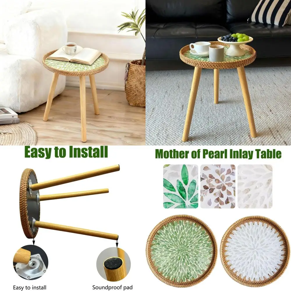 

Compact Rattan Side Table with Mother of Pearl Green Circle Inlay, Ideal for Small Spaces in Living Rooms and Bedrooms