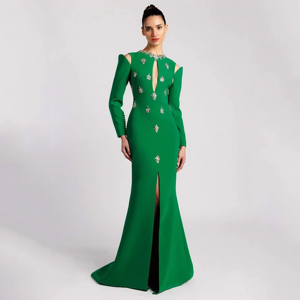 

Emerald Green Mermaid Evening Dress Crew Neck Long Sleeves Crystals Stone Sweep Train Front Slit Saudi Prom Gown Party SY-007