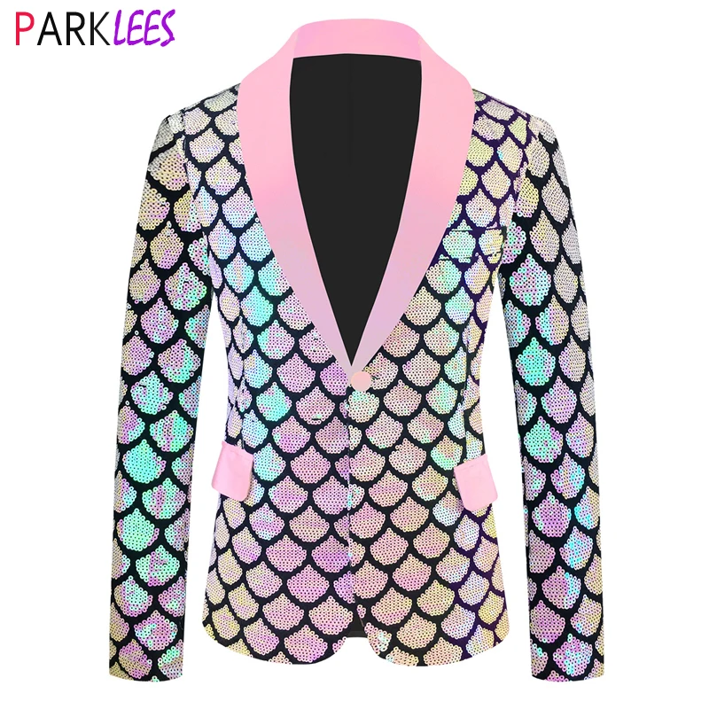 Pink Fish Scale Sequins Glitter Velvet Blazer Men Slim Fit One Button Shiny Suit Jacket Mens Wedding Party Dinner Costume Homme