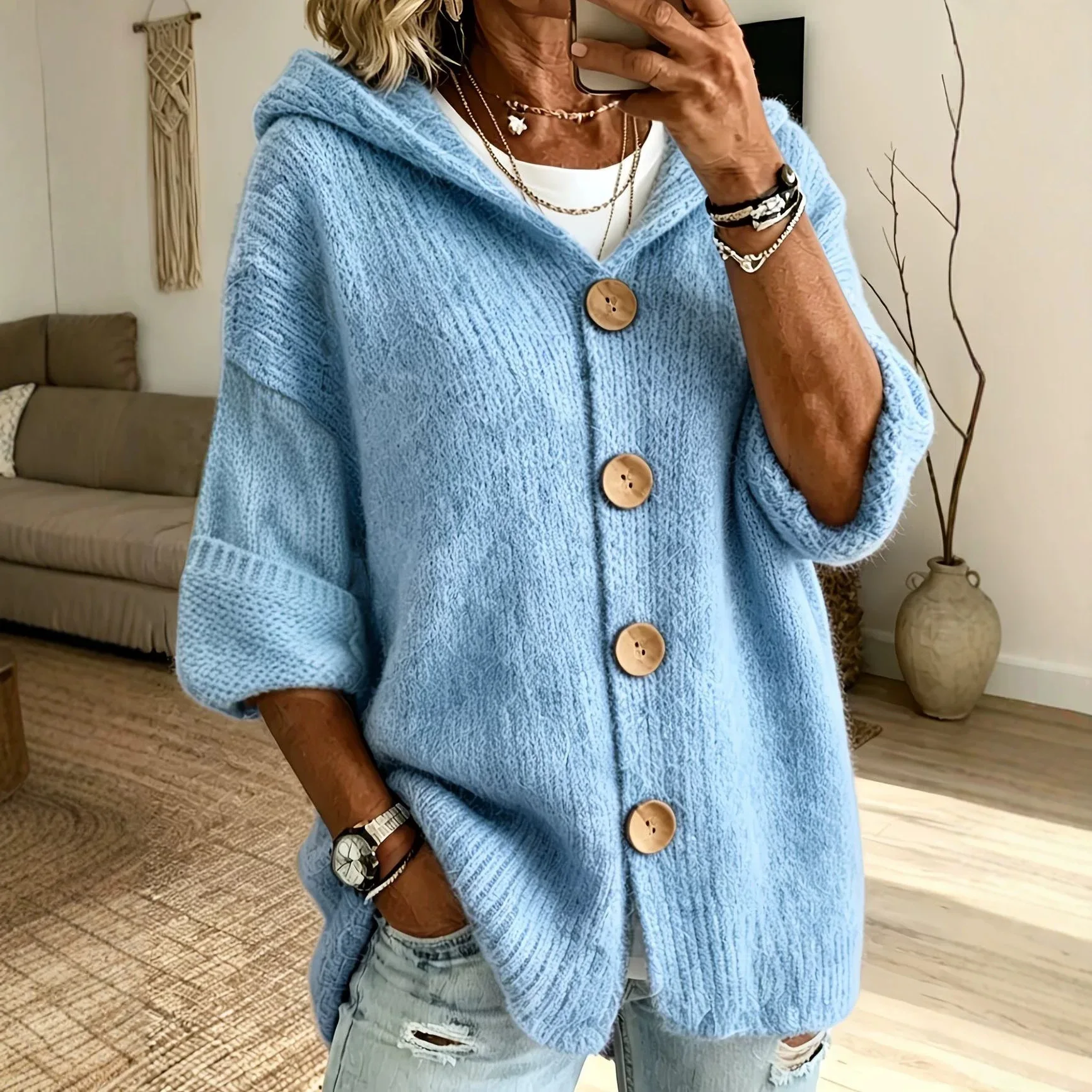 Women's Hooded Knit Sweater Cardigan New 2026 Female Autumn Winter 3/4 Rolled Cuff Sleeve Button Sweater Coat Casual Outerwear