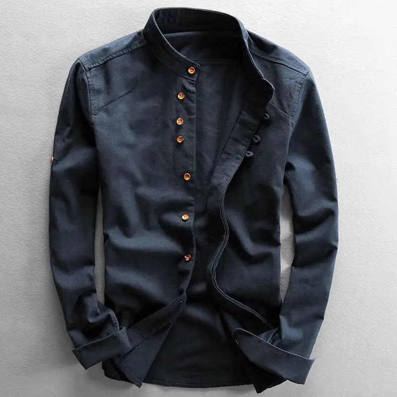 

Мужская повседневная льняная рубашка в японском стиле с воротником-стойкой, однотонная, с длинными рукавами, тонкий тренд, дышащее классическое верхнее пальто в стиле ретро