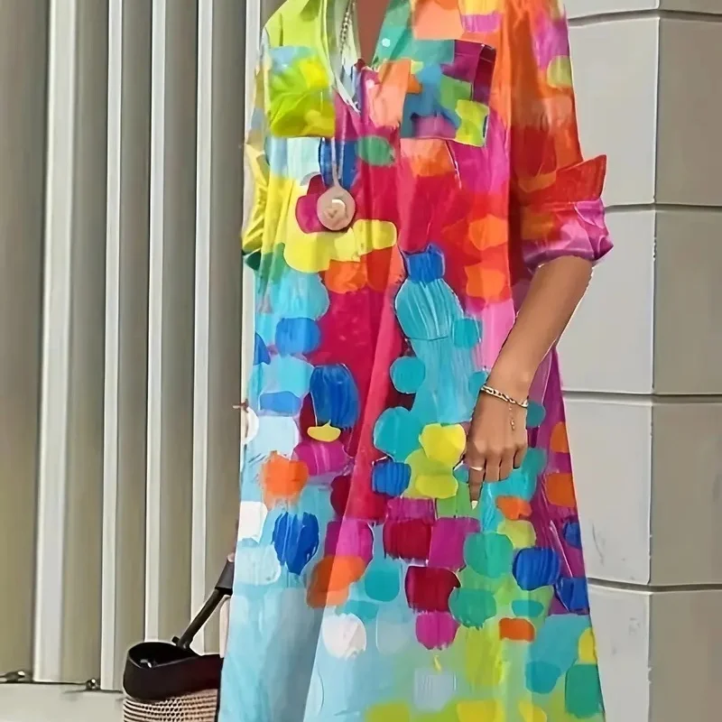 

2025 Summer Loose Comfortable Printed Dress City Fashion Women's Long Sleeve Shirt Dress Daily Casual Party Women's Dress
