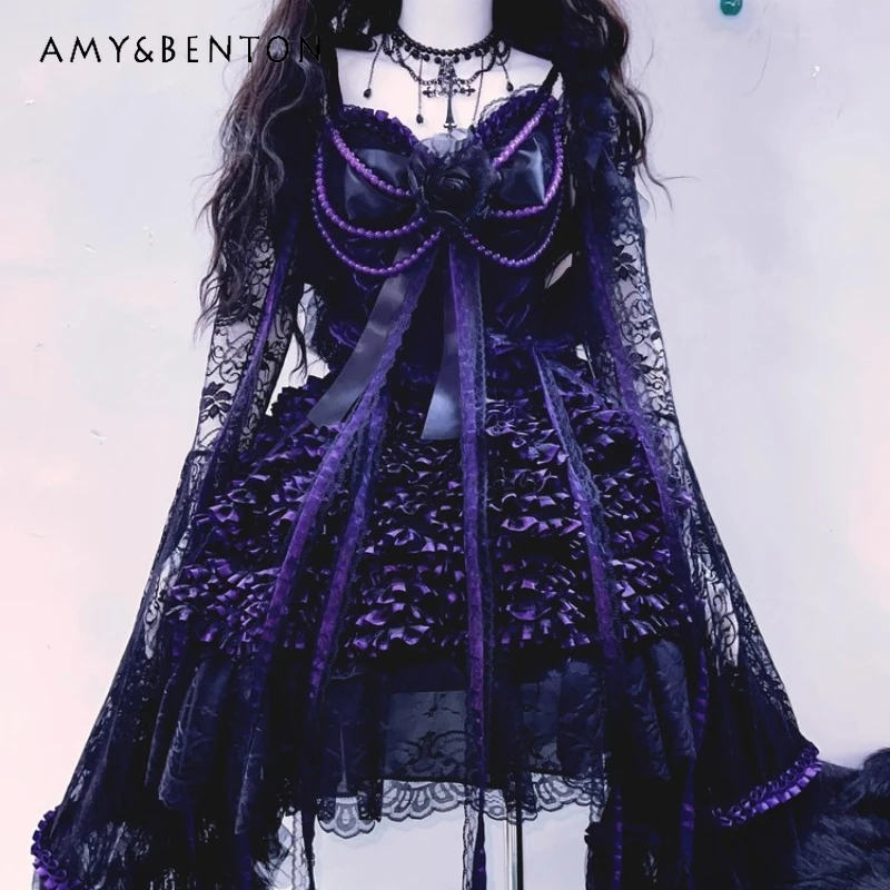 

Original Gothic Design Sexy Lace Women's Vest Autumn New Punk Sweet Cool Three-Dimensional Flower Evening Skirts Sets Ladies