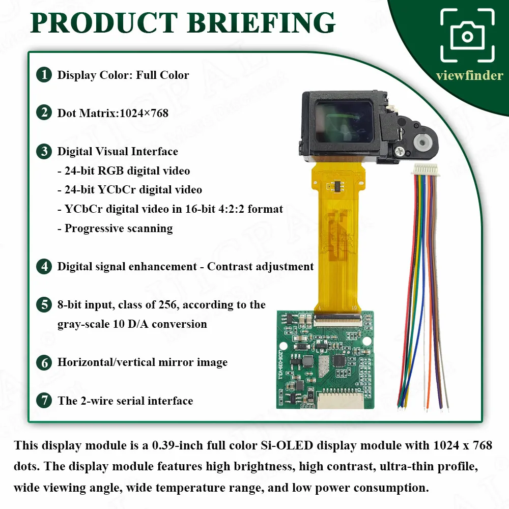 0.39 Inch Viewfinder Display Module for AR Glasses Thermal Imaging Night Vision Binoculars with Eyepiece 1024*768 AV CVBS 3.5-5V