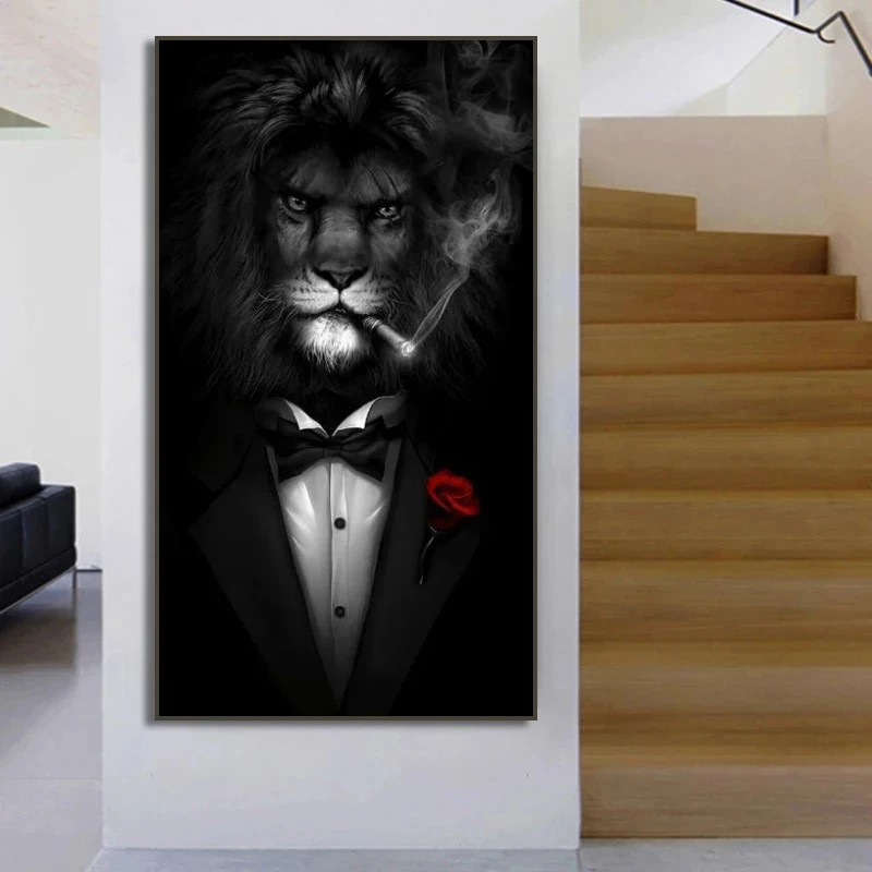 Black Wild Lion in a Suit Canvas Art Posters And Prints Abstract Lion Smoking a Cigar Canvas Paintings On the Wall Art Pictures