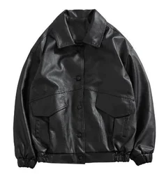 Jaqueta bomber de couro PU masculina com bolsos, couro sintético macio, preto, casacos de motociclista, moda masculina, motocicleta, 2023