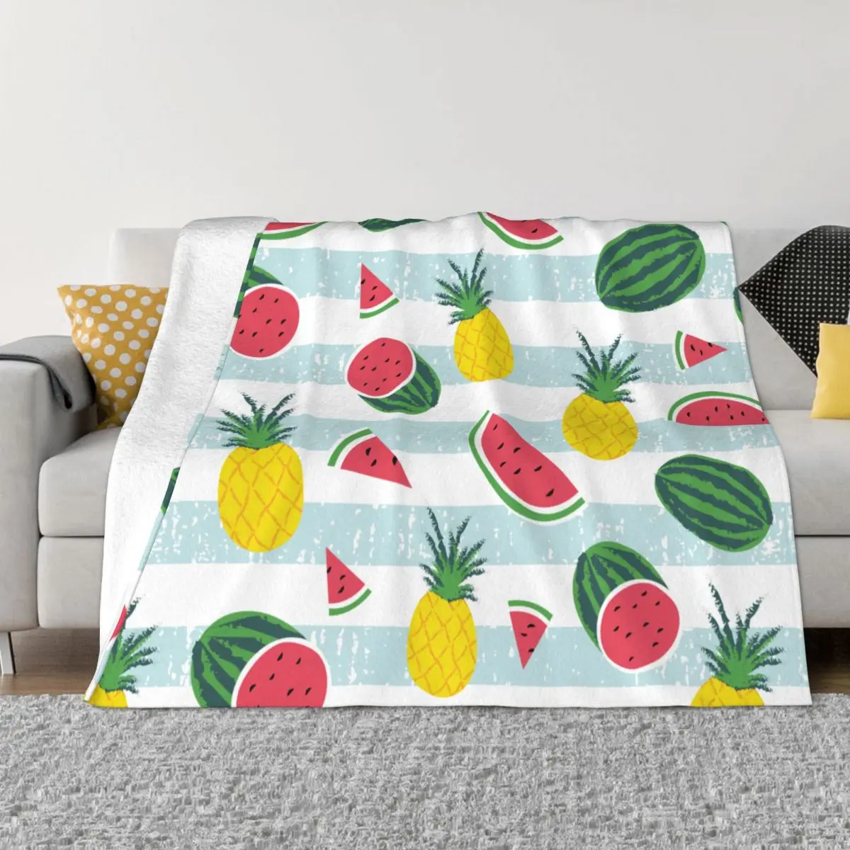 Watermelon Pineapple Stripes Blankets Flannel All Season Multifunction Ultra-Soft Throw Blanket for Home Travel Plush Thin Quilt