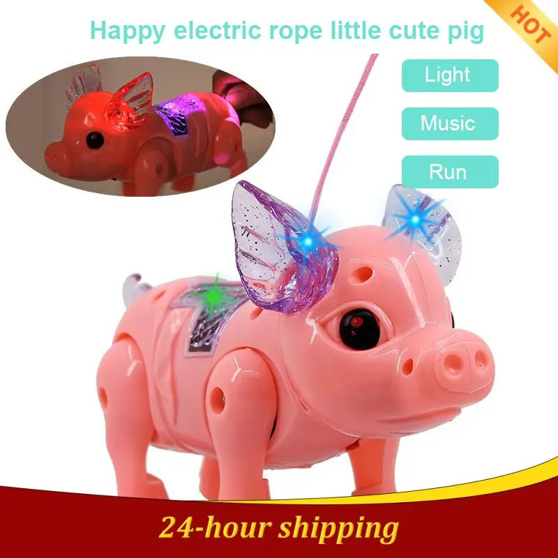 

Electric Pulling Rope Pig Batteries Powered Luminous Music Walking Pig Toy Pets Interactive Toys With Light For Children Gifts