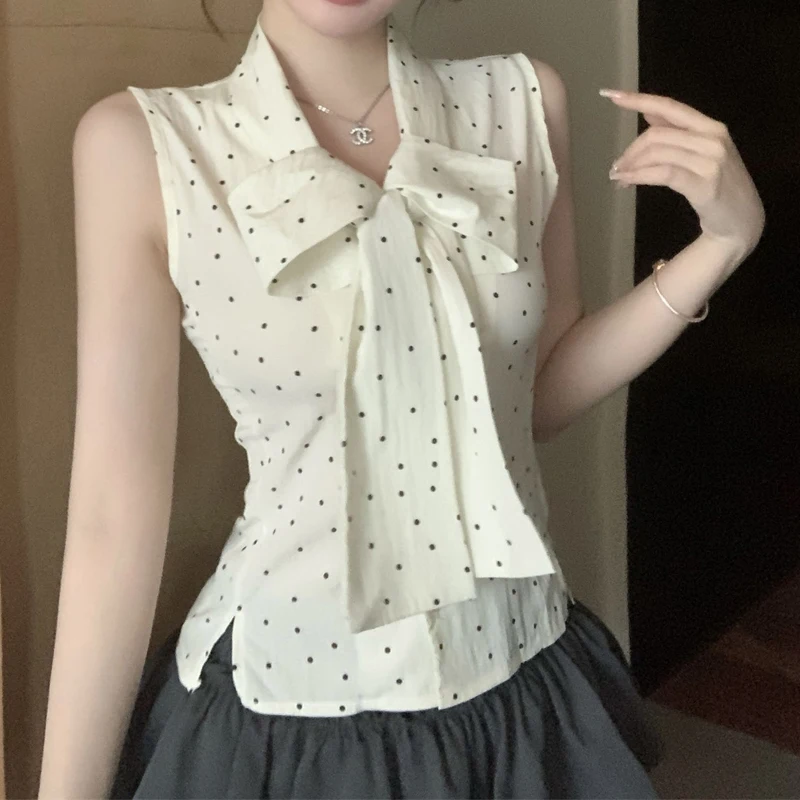 Summer New Polka Dot Sleeveless Sexy Blouse Lacing Patchwork Slim Striped Fashion Short Shirt Tops Y2K Sweet Trend Women Clothes