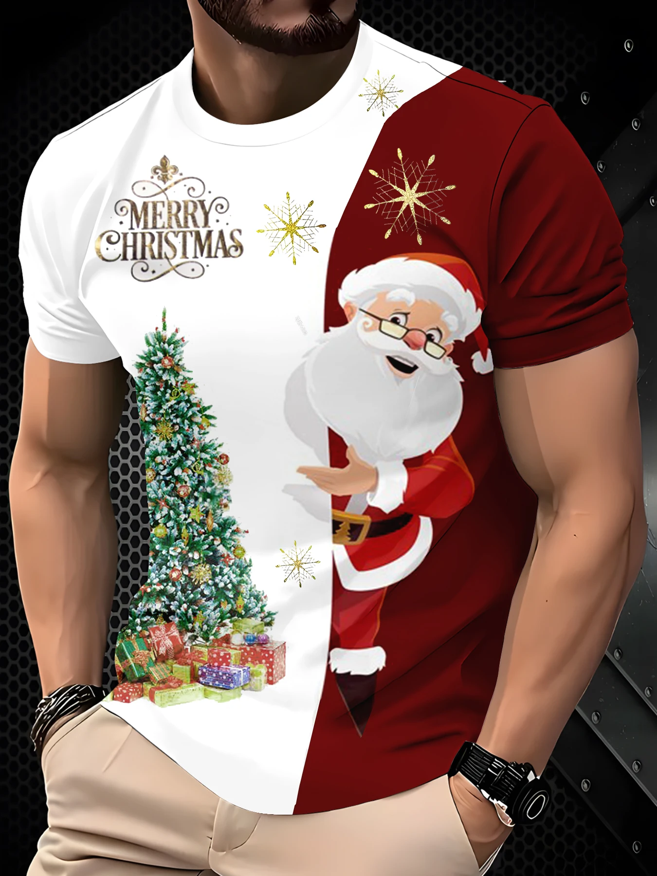 Casual Men Holiday Split Color Santa Tree Gift Graphic Printed Short Sleeve Top