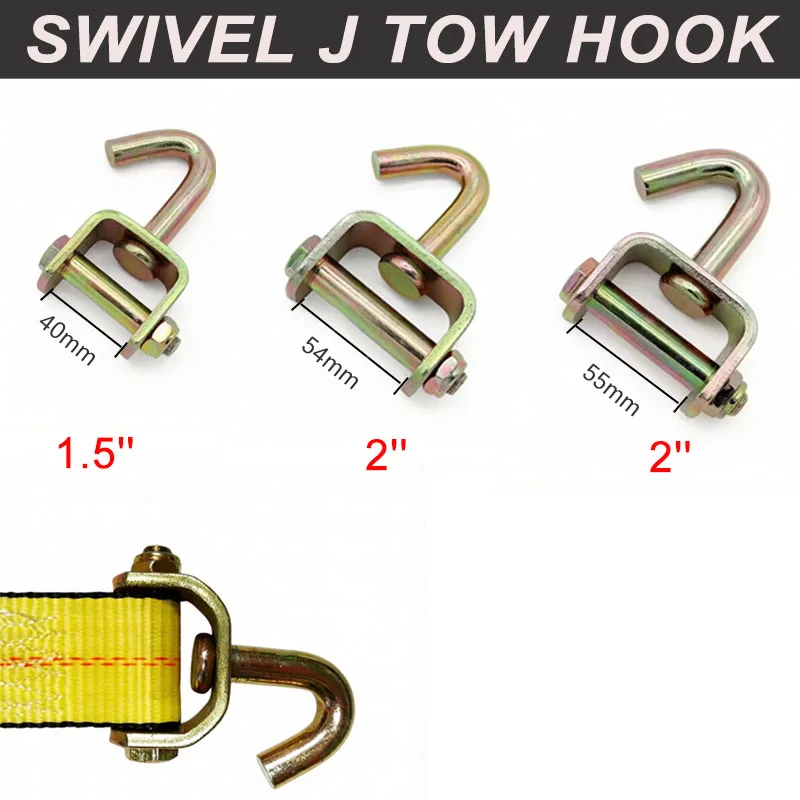 1.5‘’ 2‘’ Swivel J Tow Hook Heavy Duty for Tie Down Straps Cargo Binding Belt Hook Suitable for 38mm/50mm Wide Straps