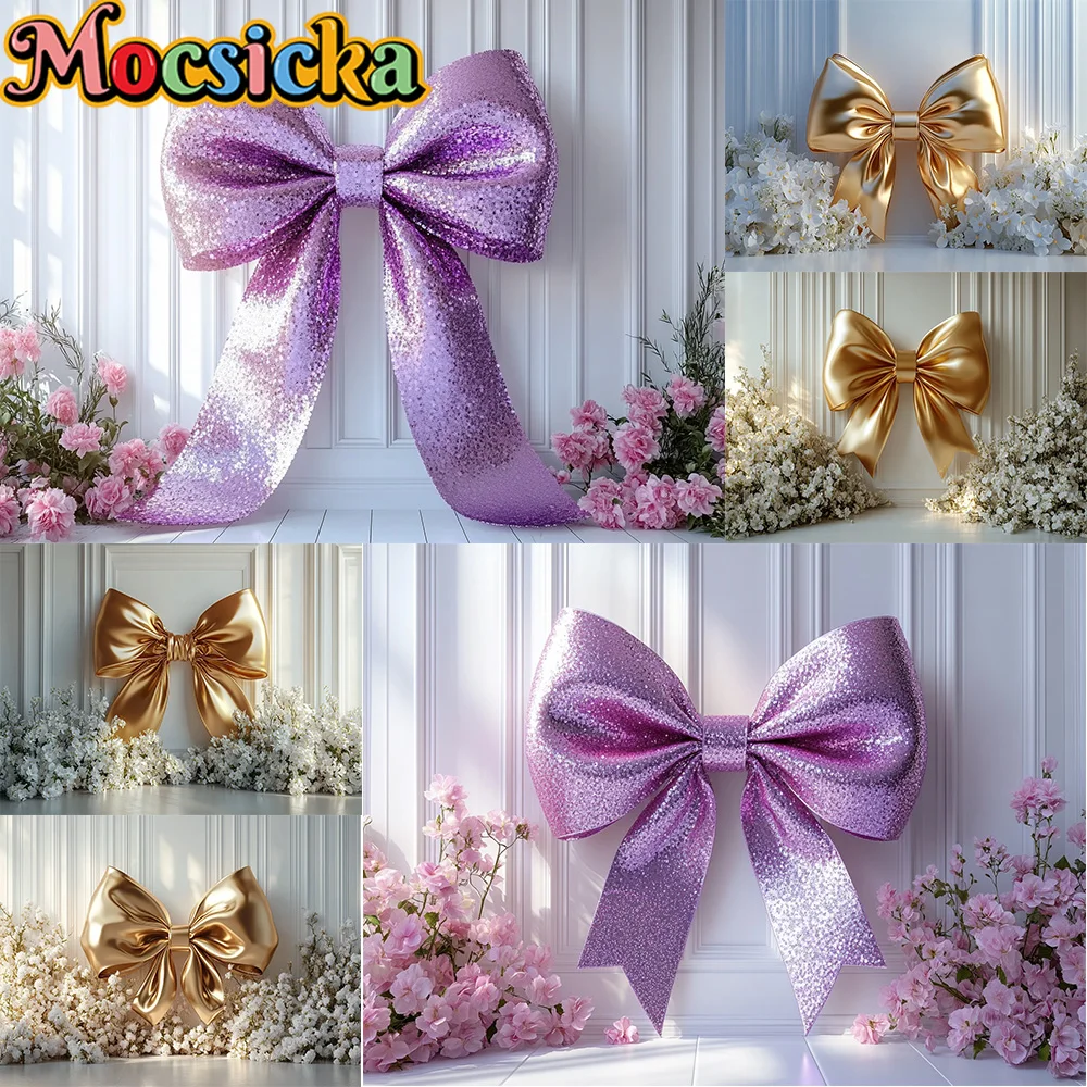 

Mocsicka фон для фотосъемки с фиолетовым бантом и цветочным украшением для девочек, день рождения, вечеринка для беременных, свадьбы, портретной студии