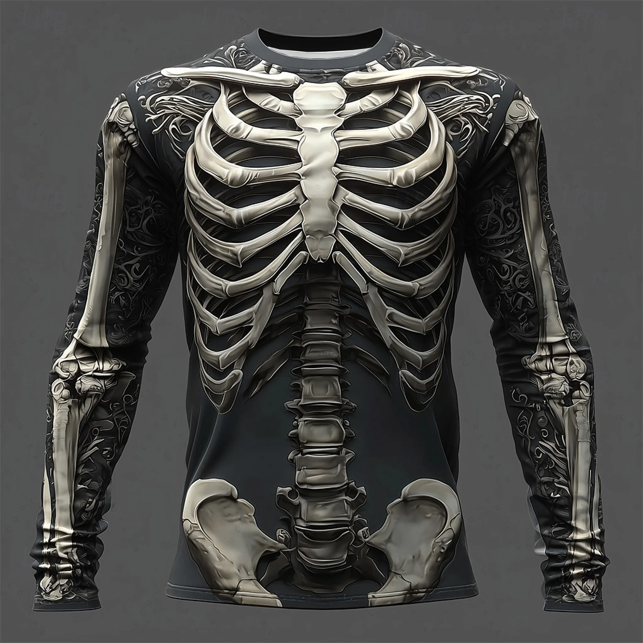 2026 هالوين الهيكل العظمي طباعة كم طويل تي شيرت للرجال القوطية العصرية الشارع الشهير بلايز عادية هالوين حفلة تيز خريف شتاء #4