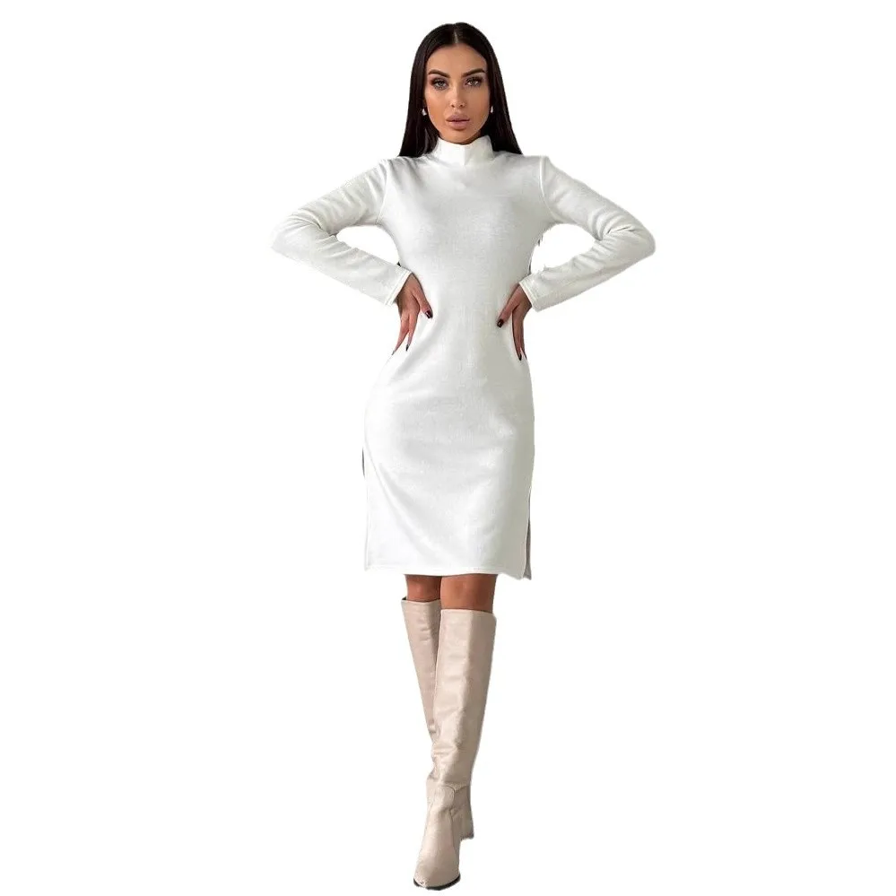 Europeu e americano sexy de alta qualidade vestido de cor sólida hepburn vento menina de gola alta de manga comprida magro saia longa vestido feminino