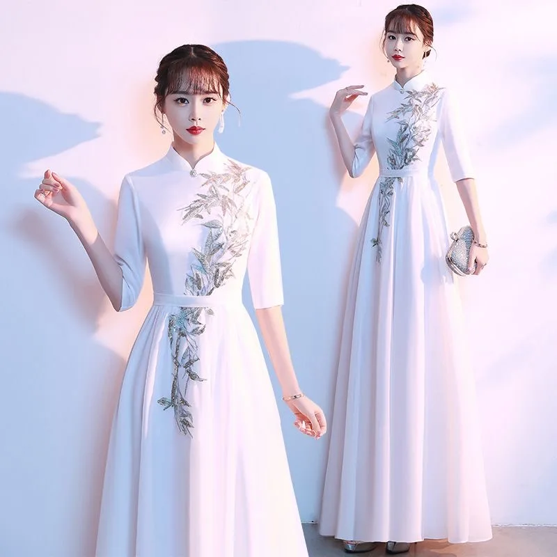 

Женское винтажное вечернее платье с вышивкой Aodai Cheongsam, Вьетнамское длинное платье для выступлений на сцене