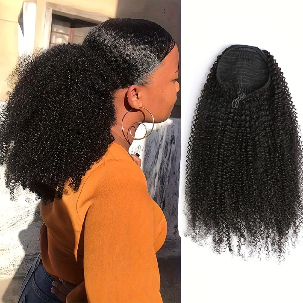 Clips de cabello humano en cola de caballo con cordón, cola de caballo larga y rizada con cordón para mujer, pelo de cola de caballo rizado negro de 8-26 pulgadas