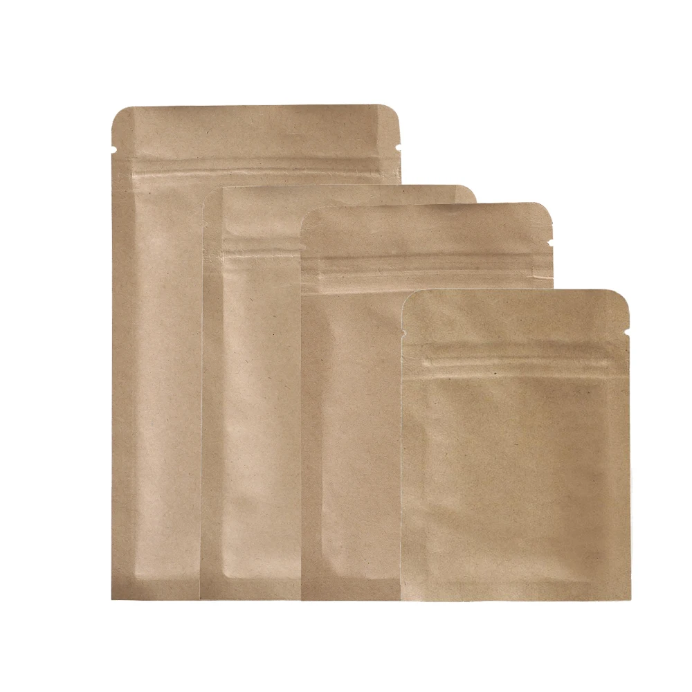 

100pcs Eco-friendly Kraft Paper Food Packaging Pouch Self Sealing Smell Proof Heat Sealable Aluminum Foil Ziplock Bag
