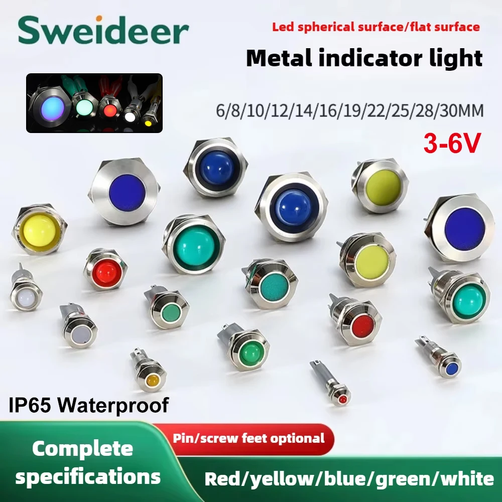 LED Metal Indicator Light 6/8/10/12/14/16/19/22/25mm IP65 Waterproof Signal Lamp 3-6V Red Yellow Blue Green White Metal Button