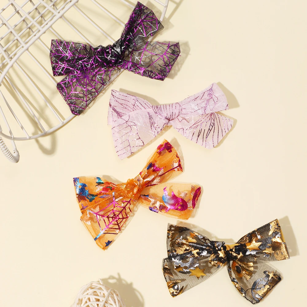 Children Halloween Spider Web Hair Clips Cute Gauze Bowknot Hairpins for Girls Fully Lined Barrettes Children Hair Accessories