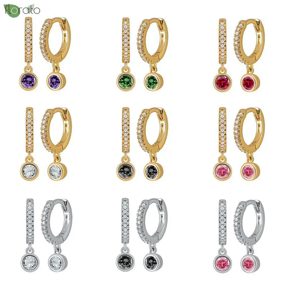 

925 Sterling Silver Needle Fashion Multicolor Zircon Round Pendant Small Hoop Earrings for Women New Arrival 2022 Trend Jewelry