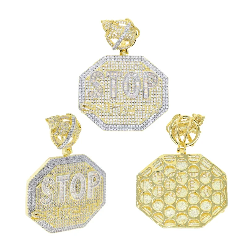 2026 No Rats Bail STOP Snitching Geometric Hip Hop Pendant Necklace for Men Gold Plated Paved 5A Cubic Zirconia High Quality