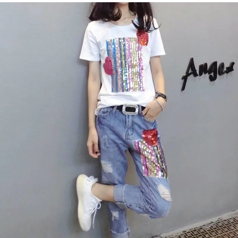 Ladies 2PCS New Spring Summer Sequins Short Sleeve T-Shirt + Nine Points Hole Jeans Suit Slim Fit Fashion Female Two Piece Set