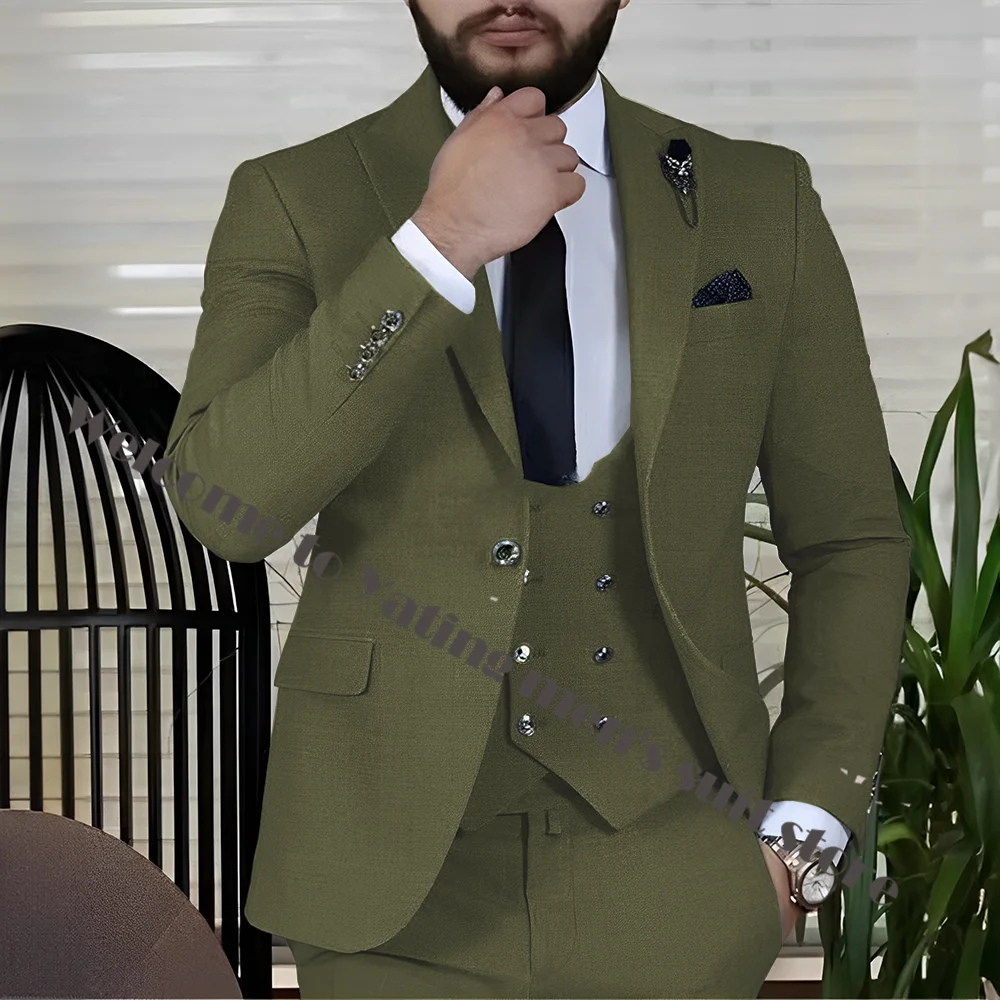 Traje de negocios de 3 piezas para hombre, chaqueta, pantalones, chaleco, botón plateado, traje masculino Formal, múltiples colores, esmoquin para novio de boda