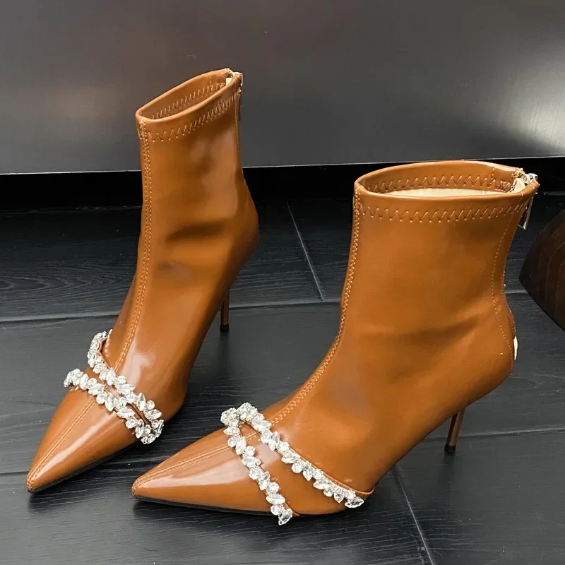 

Роскошные женские ботильоны с кристаллами и драгоценными камнями, пикантные женские туфли с острым носком на тонком высоком каблуке с молнией сзади, банкетная обувь для вечеринок, женские Botas Mujer
