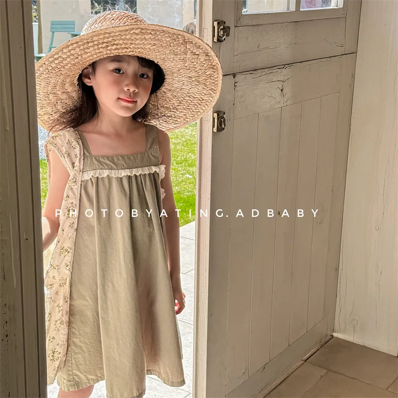 

Girl Dress 2024 Children Summer New Girls Summer Dress Korean Style Holiday Dress Princess Solid Fashion Casual Skirt