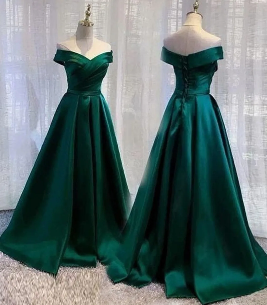 

Long Green Satin Prom Dresses with Pockets A-Line Off Shoulder Watteau Train Wedding Guest Dress Formal Evening Dress for Women