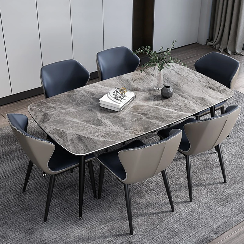 

&c Italian Luxury Dining Table Set for Rectangle Contemporary Design Style Home Use Furniture with Rock Slab Metal Chairs