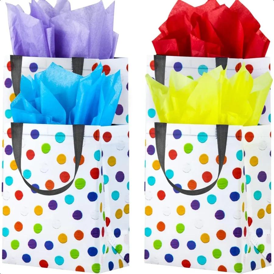 

16Pcs Reusable Gift Bags with Tissues Medium Rainbow Polka Dot Party Favor Bags for Christmas Birthday Baby Shower Grocery Shop