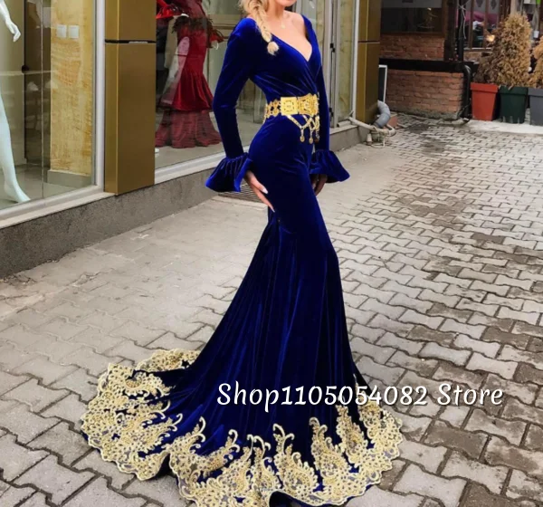 

Синее марокканское платье Jewel с v-образным вырезом и длинными рукавами, вечернее платье для выпускного вечера с аппликацией «рыбий хвост», арабское вечернее платье по индивидуальному заказу