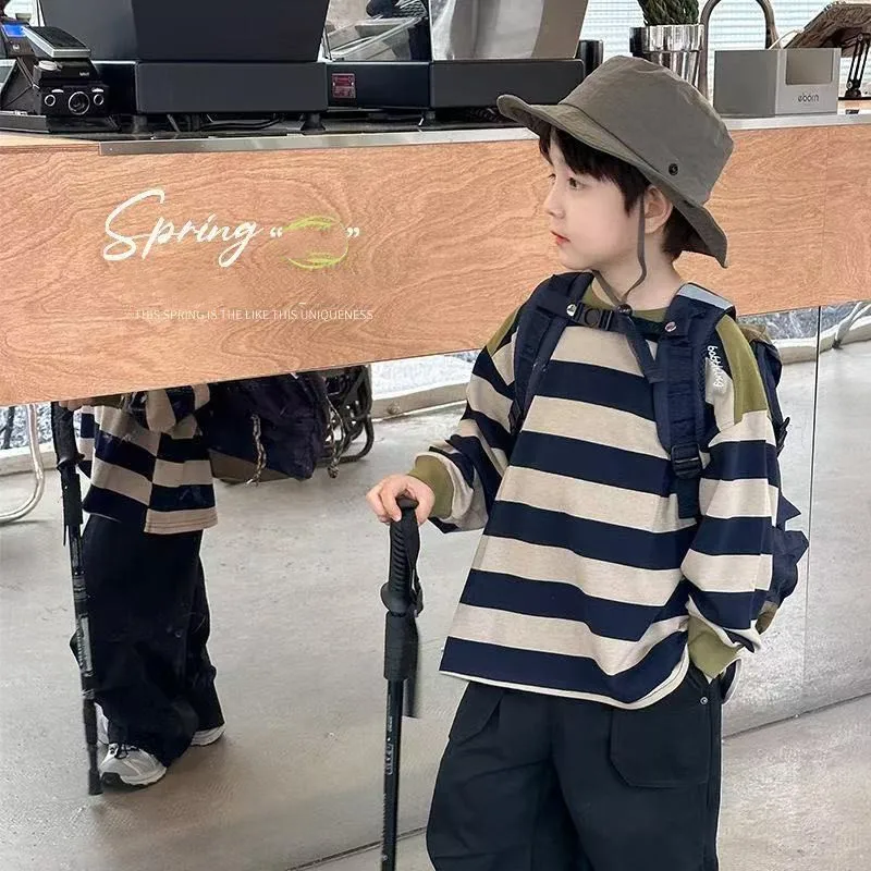 

Boys' Sweater T-shirt for 2026 New Spring and Autumn Children's Casual Long Sleeved Striped Base Shirt
