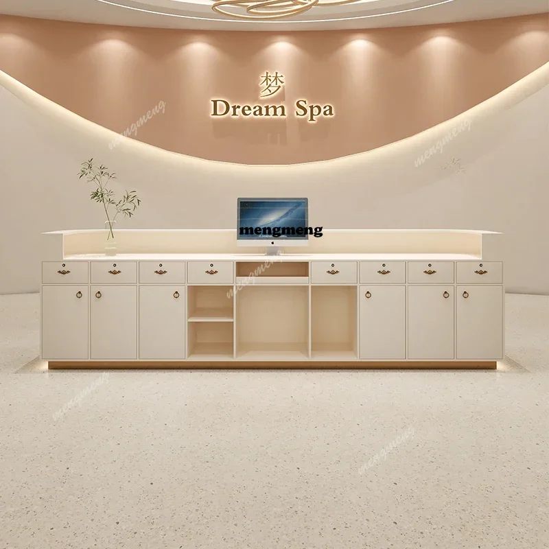 

E136 Стойка ресепшн для салона красоты в скандинавском стиле, кремового цвета, с местом для хранения, мебель для офиса и магазина