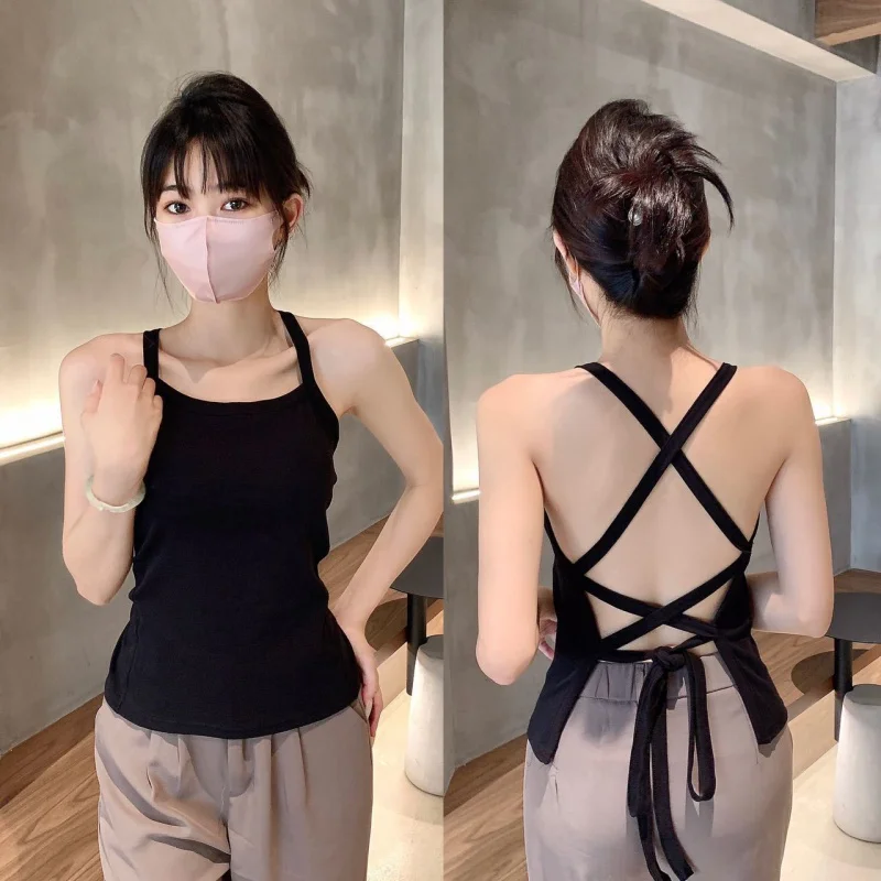 Sweet and Spicy Style Design Cross Strap Green Suspenders Vest Women's Summer New Backless Outer Wear Beauty Back Small Top