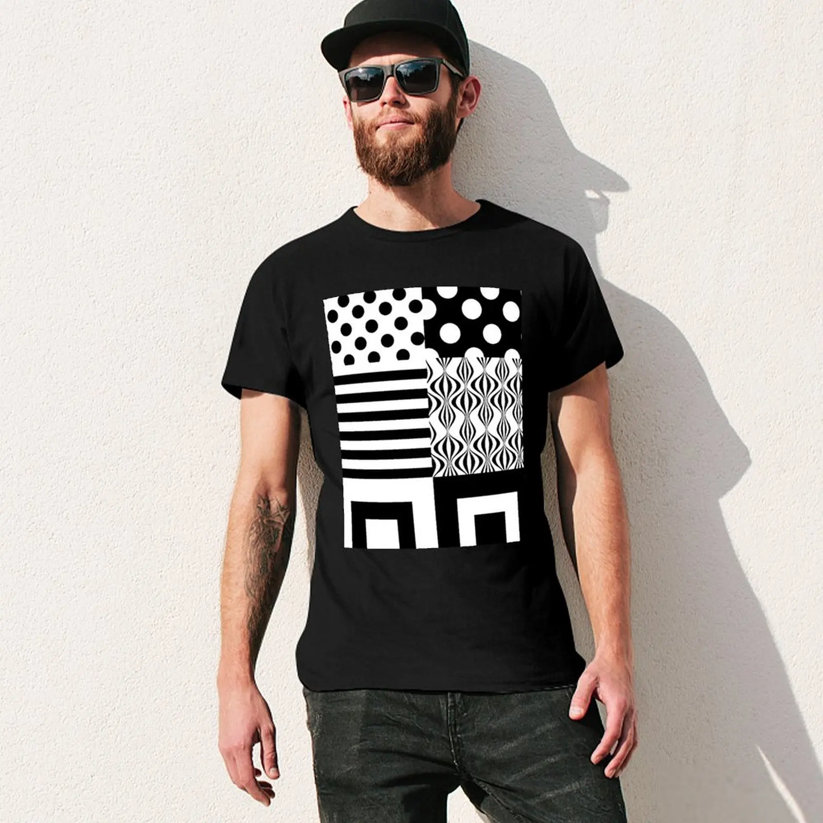 60s Mod أنماط كتل أبيض وأسود تي شيرت الشارع ارتداء قميص أنيمي المتضخم تي شيرت الرجال