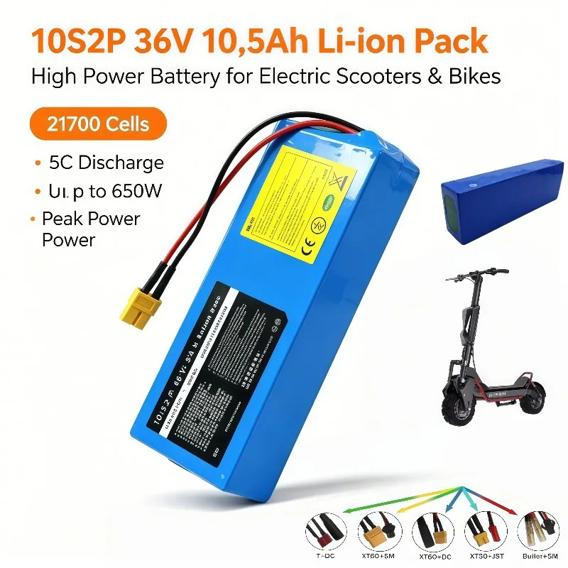 10S2P 21700 Lithium Battery Pack 36V 10.5Ah 5C 650W Rechargeable Battery Fit Electric Scooter E-Bike Electric Motorcycle