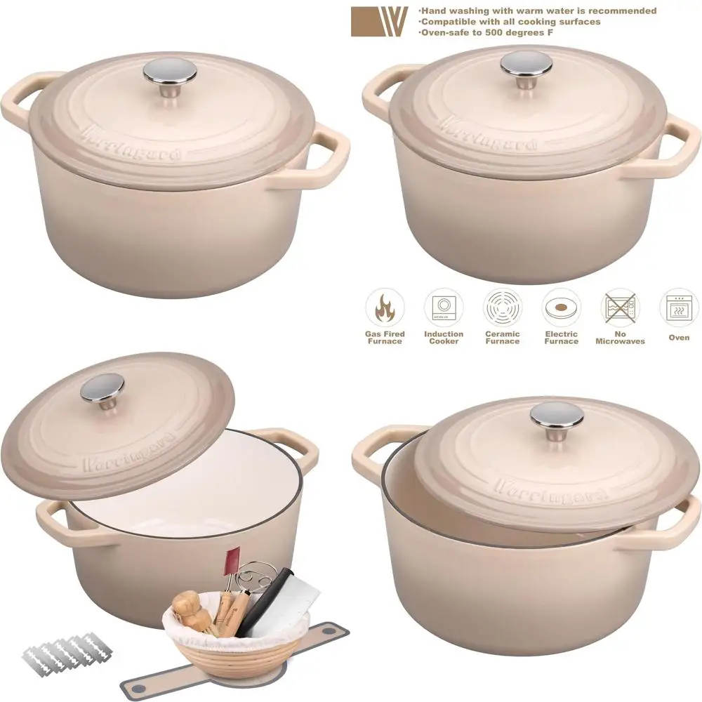 

Круглый эмалированный голландский горшок для духовки с крышкой для выпечки хлеба, 4,5 литра, в комплекте, в комплекте приспособление для выпечки хлеба латте цвета