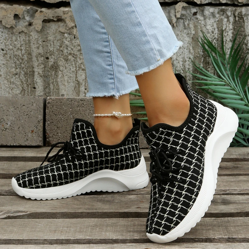 

Женская спортивная обувь в клетку, женская спортивная обувь из дышащей сетки, женская спортивная обувь на шнуровке, повседневная обувь на платформе, прогулочная обувь, 2022