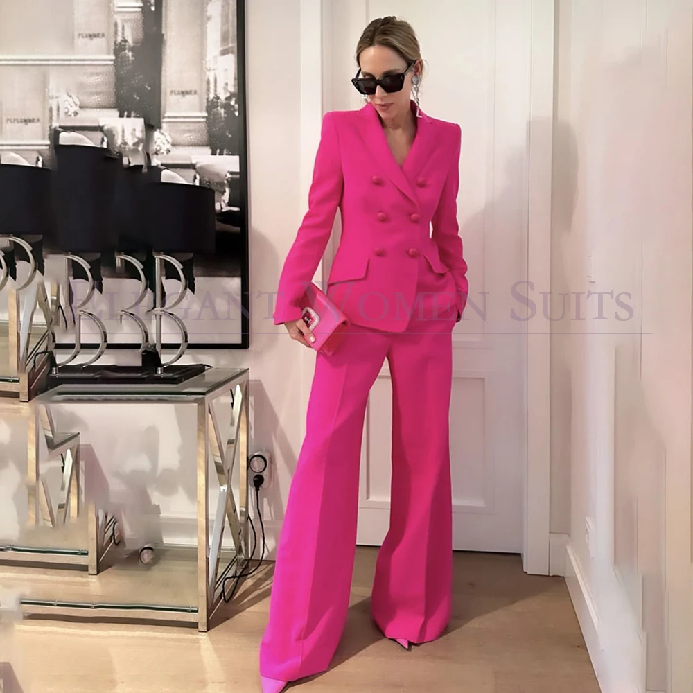 Fashion Solid Color Women's Suits High Quality Double Breasted Peak Lapel Party 2 Piece Jacket Pants Sets Customized Blazer