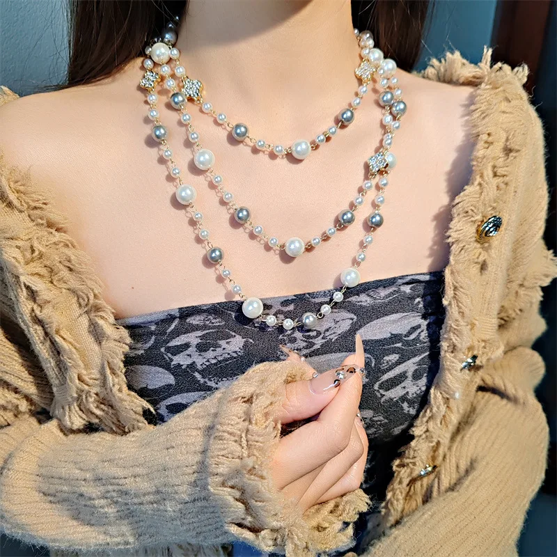 Long Simulated Pearl Four Leaf Clover Necklace For Women Double Layer Pendant Sweater Chain Lady Party Wedding Jewelry Chains