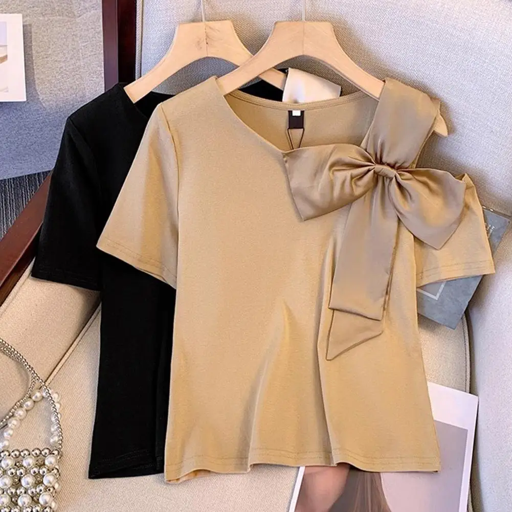 

Cute Bandage Bow Women Off-shoulder T-shirt Sweet T Shirts Spring Summer Casual Bow Decoration Tees Korean Fashion Women Tee