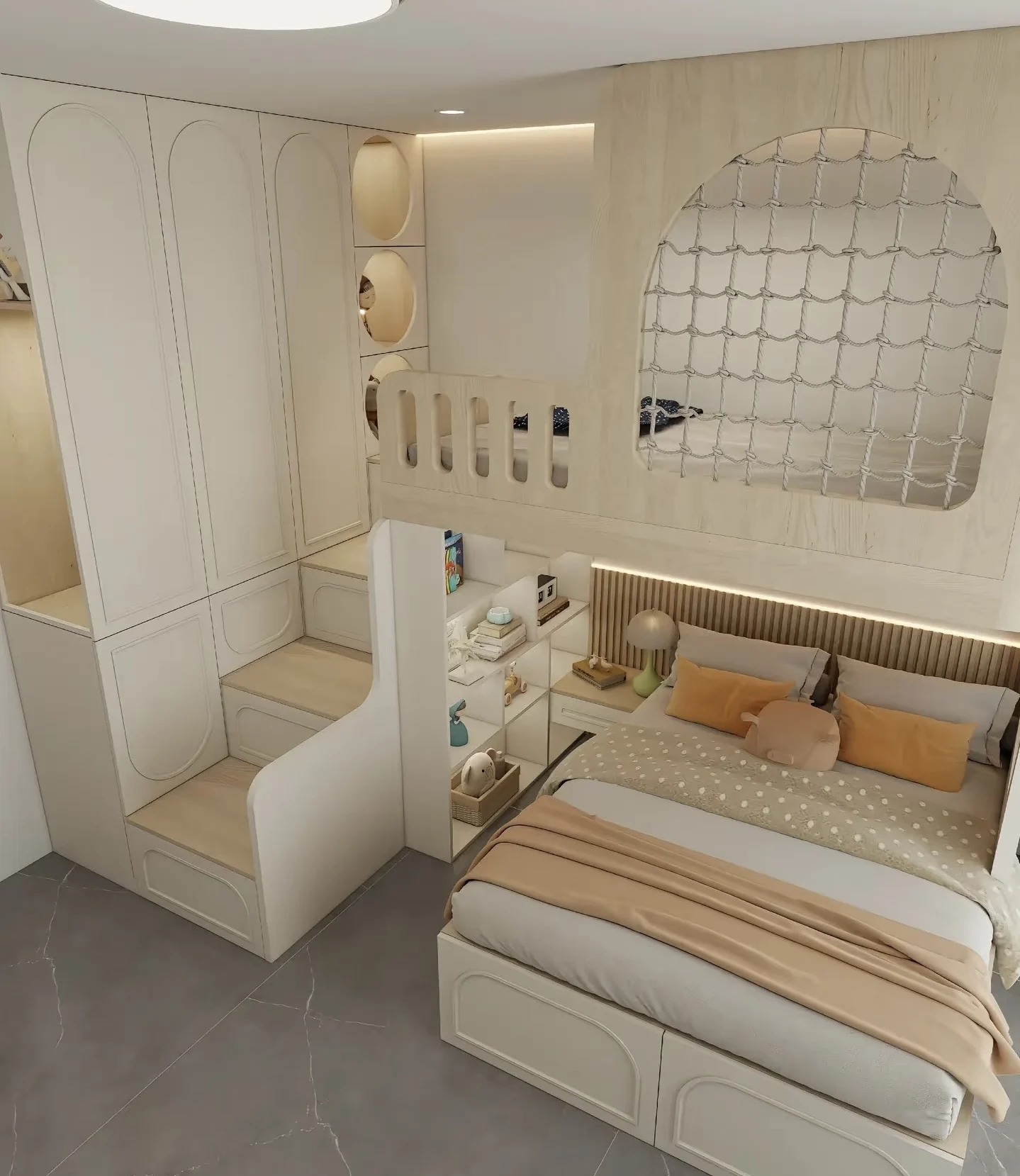 French Cream Style Customized Comfortable Children's Bunk Bed Eco-Friendly Wood Construction Apartment-Friendly Storage Designpr