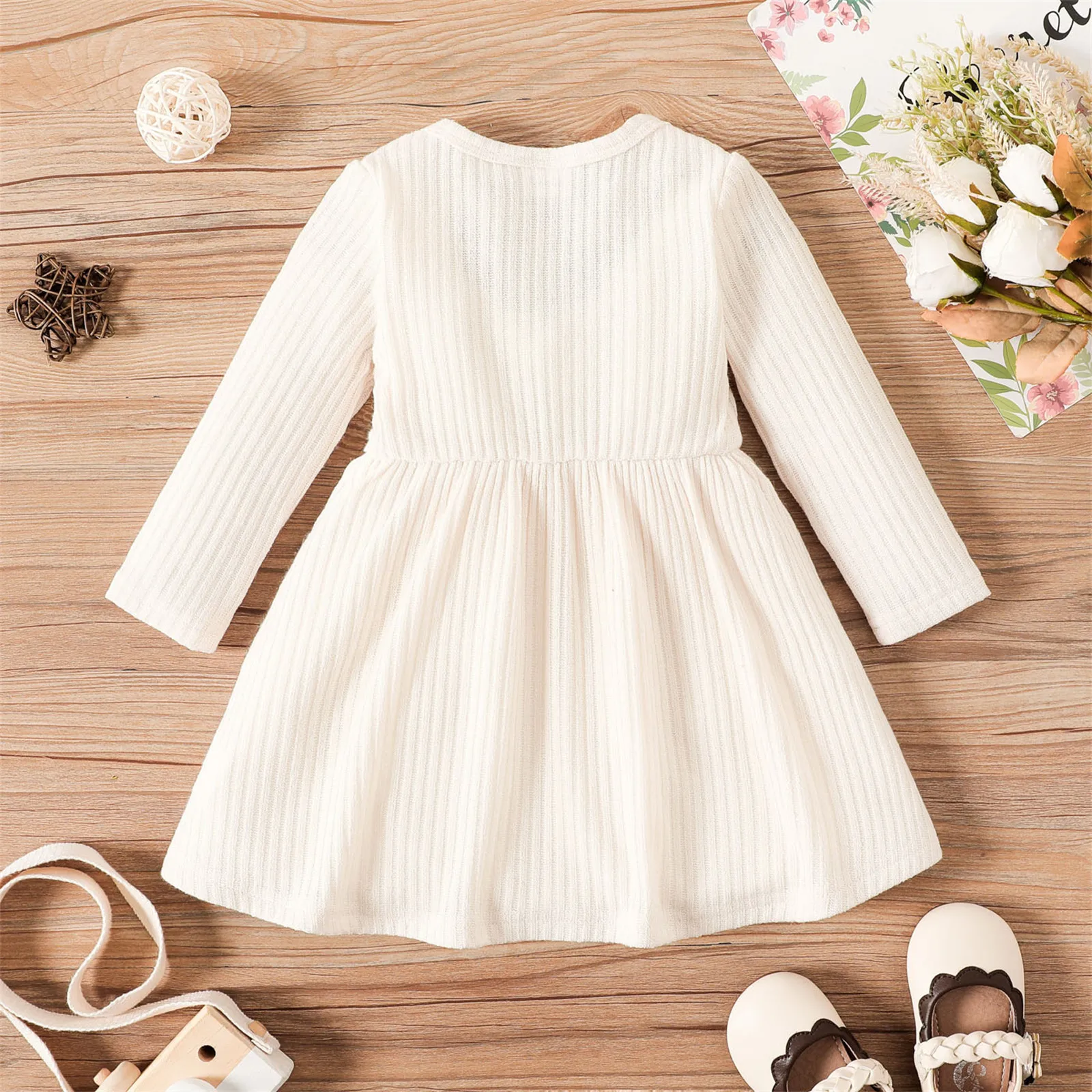 PatPat Baby Girl Button Front Solid Rib Knit Long-sleeve Dress