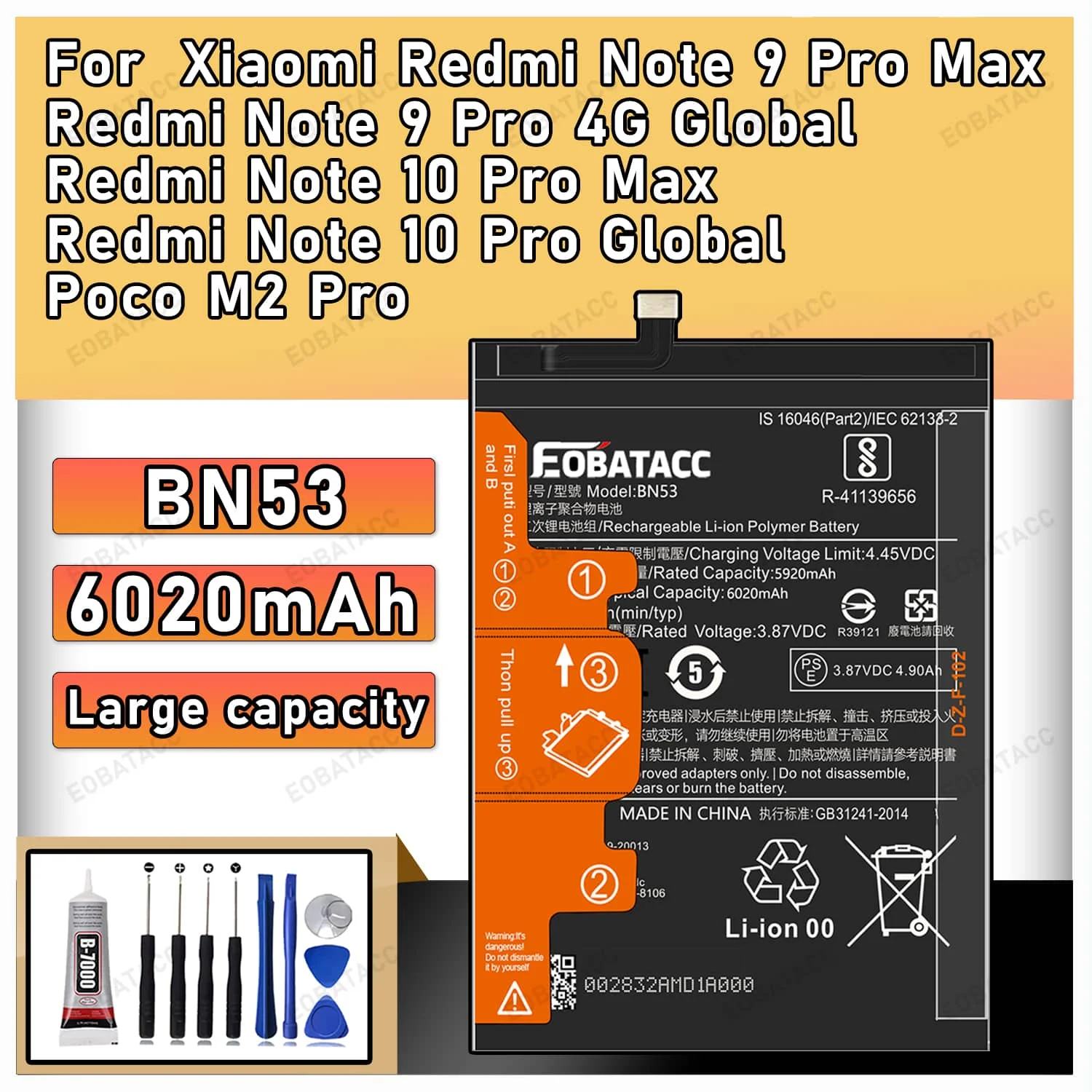 BN53 6020mAh Replacement Battery for Xiaomi Redmi Note 9 Pro Max /Note 9 Pro 4G Global/Poco M2 Pro High Capacity Li-ion Internal
