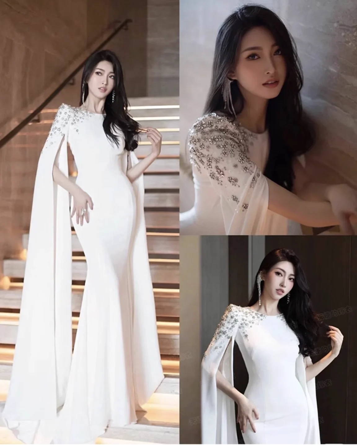 Elegant White Mermaid Prom Dresses Beading Crystals Saudi Arabia Long Sleeve Evening Gowns With Cape Party Formal Dress Robe De