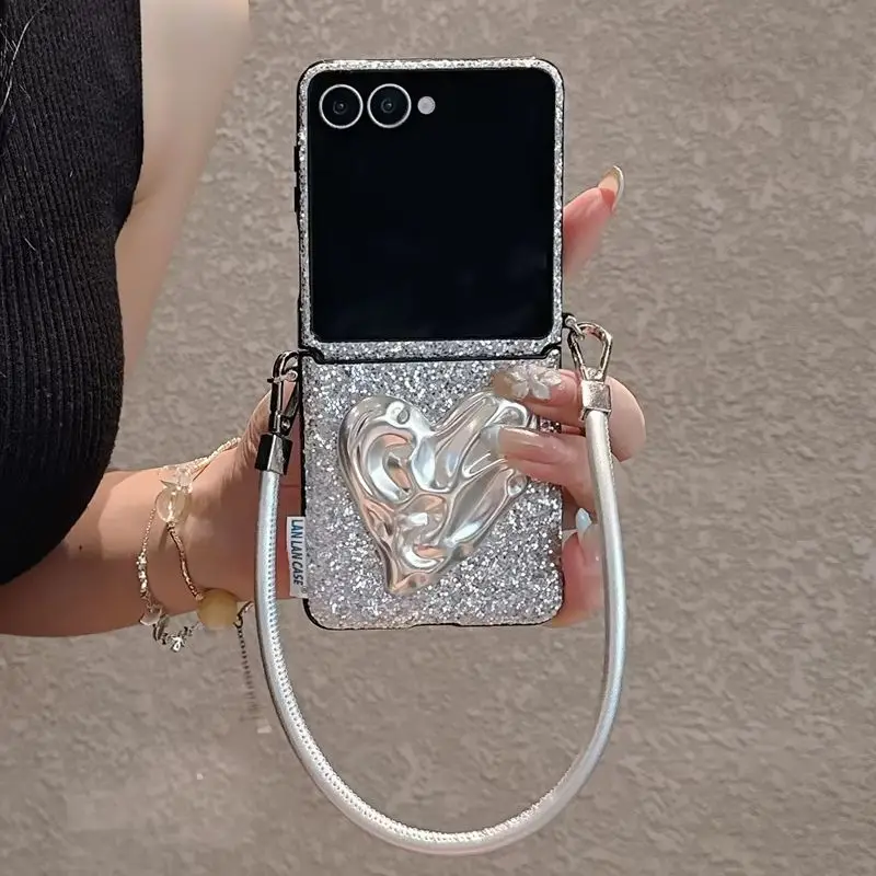 Y2K Sparkling Glitter 3D Silver Metallic Heart Phone Case for Samsung Galaxy Z Flip 8 7 6 5 Leather Wrist Strap Protective Cover