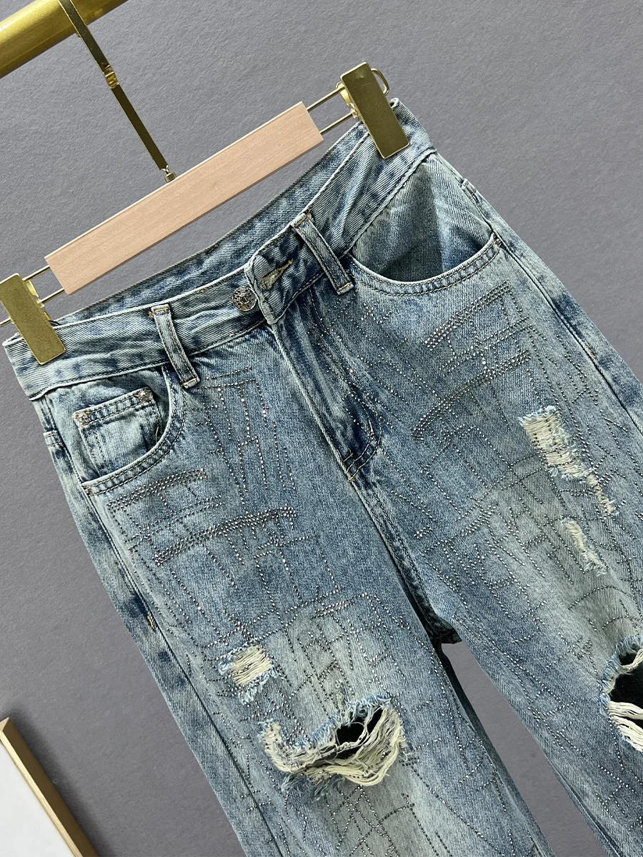 European Goods Ripped Jeans Women New 2024 Spring Heavy Hot Drilling High Waist Loose Slimming Wide Leg Mop Pants Female